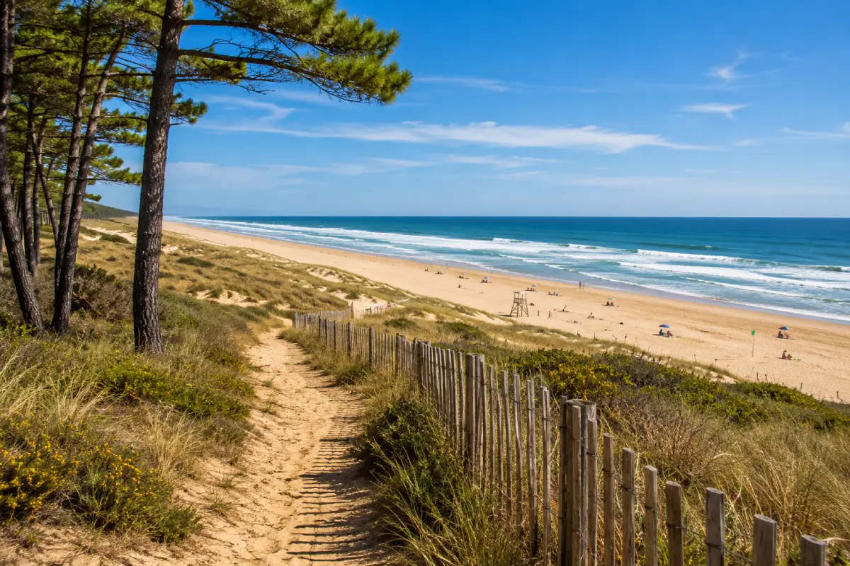 Sentier entre les pins menant à la plage de Montalivet en Gironde